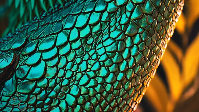 Detailed macro of bright iridescent reptile scales creating an abstract and exotic, shimmering background texture and pattern