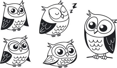 Fototapeta premium Black and White Owl Vector Set – Hand Drawn Stylized Owl Clipart Collection.eps