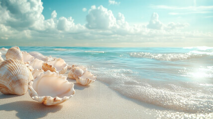 shells of different shapes lie on the sandy seashore, summer, vacation, sea, ocean, waves, beach, resort, tropics, copy space, mollusk