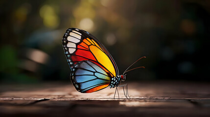 Fototapeta premium Vibrant Butterfly With Colorful Wings Resting On Wooden Surface Under Sunlight