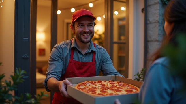 A courier delivering a pizza to a customer at their doorstep, capturing the moment of joy and anticipation in a cozy outdoor setting.