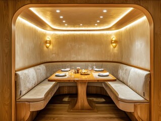 Cozy restaurant booth seating area with warm lighting, a wooden table set for four, and inviting upholstered bench seating.