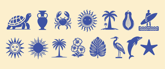 Fototapeta premium Summer surfboard icon set, vector hand drawn tropical ocean collection paradise vacation beach shape. Hawaii sea wave retro logotype, dolphin silhouette, abstract island symbol. Summer surfboard kit