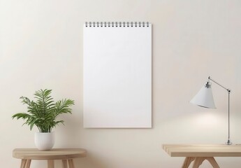 A blank white wall calendar hanging on the side of a light beige ,Mockup