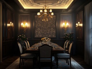 Elegant dining room with a long table set for a formal dinner, lit by a chandelier and sconces. Dark paneling adds sophistication.