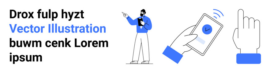 Man pointing while holding clipboard, smartphone with checkmark, tapping gesture. Ideal for presentation, user interface, digital communication, e-learning, business demo, marketing simple landing