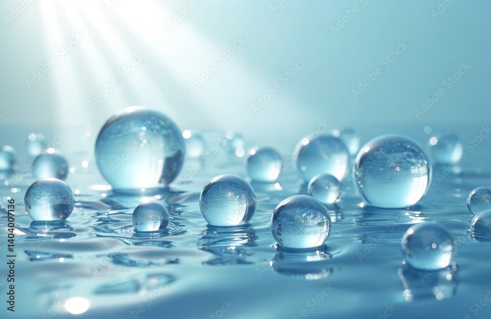 Poster transparent spheres float on water surface reflecting light, creating visual effects. pure water dro