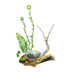 Cute absrtact blue snail on a green moss with a fern tree and low forest mushrooms.. Hand drawn watercolors isolated on white background. Biophilic style, ideal for ecological and spiritual topics © Maria Osmachkina