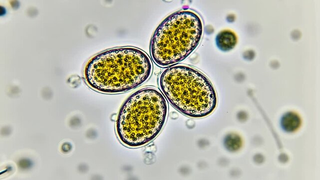 Microscopic algae tetrad cluster with internal green structures viewed under high magnification research laboratory, aquatic biology study