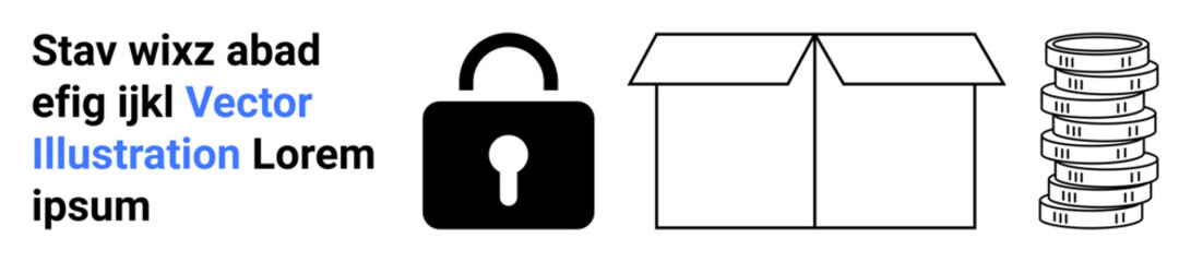 Black padlock, open cardboard box, and stacks of coins. Ideal for security, storage, finance, savings logistics commerce and a simple landing page. Line metaphor. Simple line icons