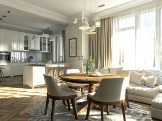 A beautifully lit, bright, and airy open-plan kitchen and dining area seamlessly blend comfort and functionality in a stylish, inviting space.