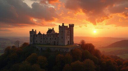 Obraz premium Golden hour landscape of medieval castle ruins on a hill with dramatic colorful sunset sky, romantic and nostalgic feeling