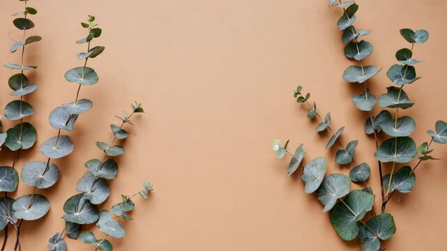 Eucalyptus branches with round silver dollar leaves on a muted earth tone background with copy space forming a natural frame