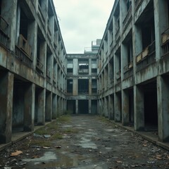 Fototapeta premium Gritty realistic photo of abandoned industrial ruins with broken windows and rusted metal under a cloudy sky, dystopian atmosphere