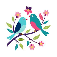  Two birds on a branch with flowers  on white
