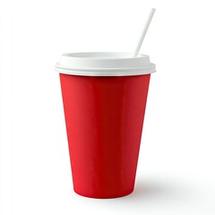 Red disposable paper cup with lid and straw