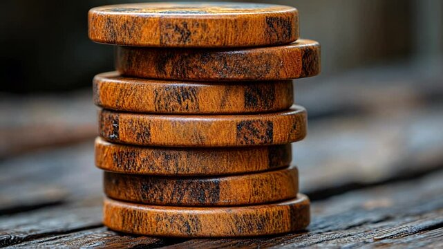 Stacked wooden tokens on a rustic wooden surface with a blurred background, ideal for games