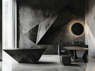 Monochromatic kitchen and dining area with modern geometric design and unique shapes. Dark and sophisticated interior design.