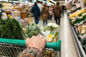 Customer pushing shopping cart with fresh vegetables in supermarket