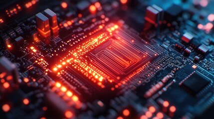 Obraz premium Circuit board with glowing red lights and dark blue components, abstract design