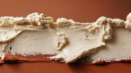 Creamy off-white texture on brown background, showing swirls and peaks, suggesting frosting or cosmetic cream.  Showcase of smooth, rich consistency.