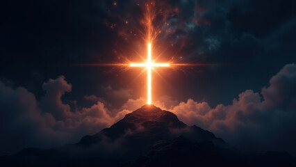 Fototapeta premium An artistic rendering depicting a golden Christian cross illuminated against a dark stormy sky with dramatic clouds and light effects suggesting a divine or spiritual presence.