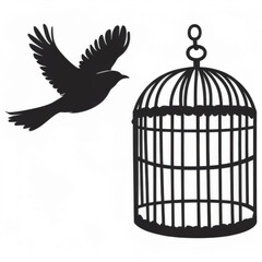 The bird's freedom: An image of a black bird breaking free from its cage. Represents the symbolism of freedom, liberation, and the pursuit of breaking barriers.