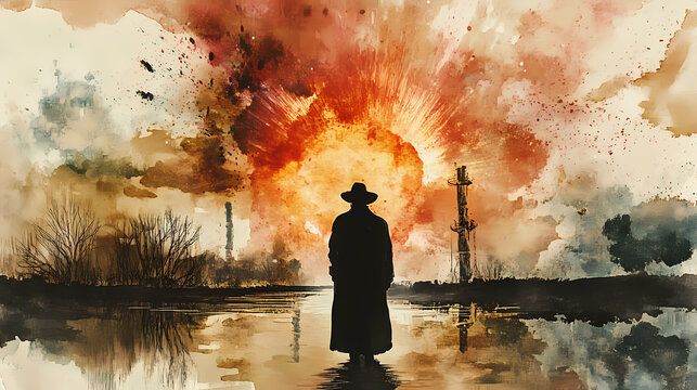 Watercolor illustration prophetic vision of nostradamus with nuclear explosion in the background. generative ai image. Cursed Chronicle. Illustration