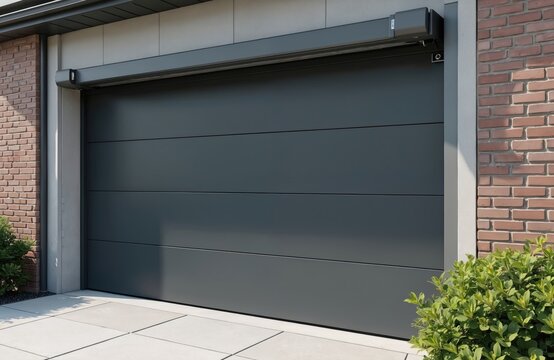 Fototapeta Modern electric garage door on home exterior. Metallic gray panel shutter on brick wall. Automated remote control system for security and property protection.