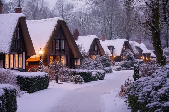 Snowy winter village at dusk