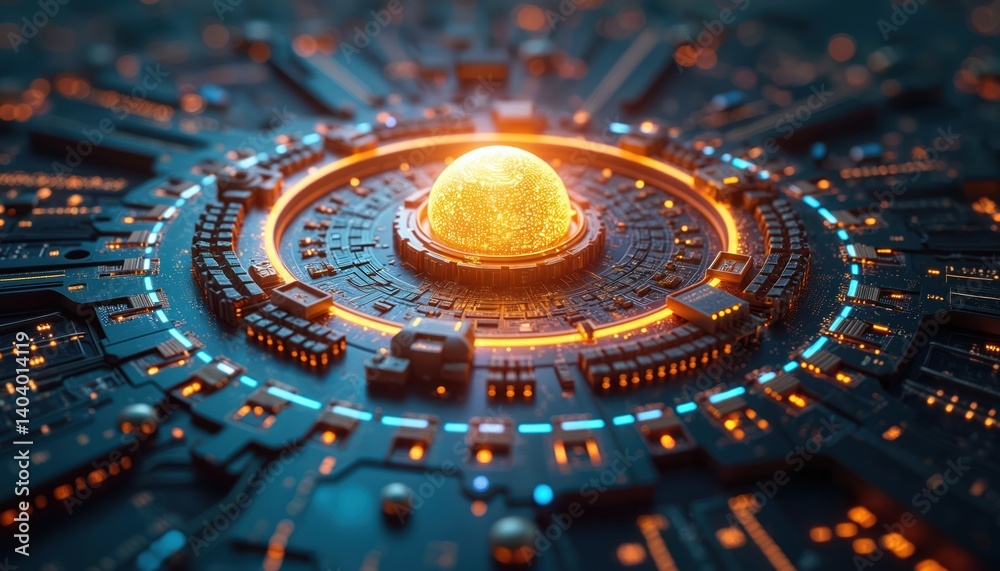 Fototapete futuristic tech art quantum computing concept. glowing orb in a center, surrounded tech circuit boar