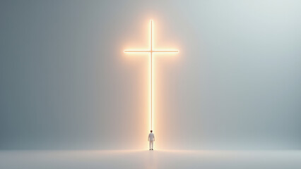 Naklejka premium A dramatic portrayal of a Christian cross with light emanating from its base, casting a shadow on the ground, representing hope and salvation.