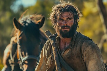 Tough frontiersman, focused gaze, rugged landscape