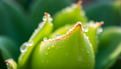 close up of a green plant with drops of water on it