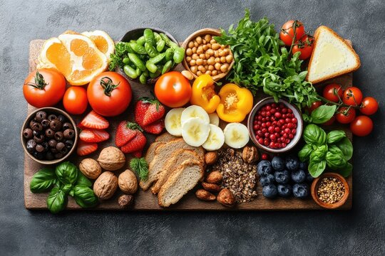A Variety of Fresh and Healthy Foods Arranged on a Wooden Board - Powered by Adobe