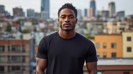 Fototapeta premium A black man in a plain black T-shirt stands in the background of a cityscape