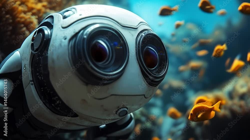 Poster robotic device navigates through vibrant coral reefs and marine life, collecting research data in th
