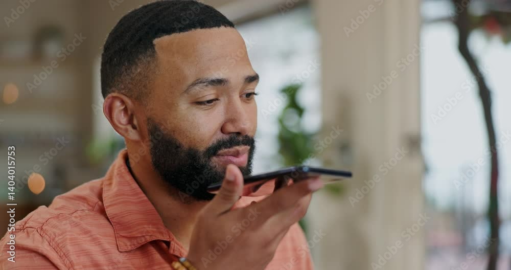 Poster Man, phone call and talking on loudspeaker in house for conversation, communication and voice note. Mobile, male person and speaking in home for recording with audio, microphone and chat with friend