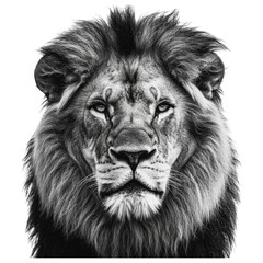 Regal Lion Portrait: A majestic lion gazes directly into the camera, its powerful presence accentuated by a stark, black and white composition.