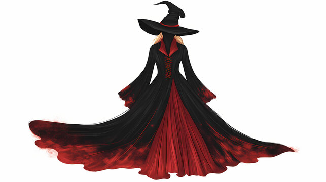 Mystical black and red witch costume on white isolated background. Bewitched Fabric. Illustration