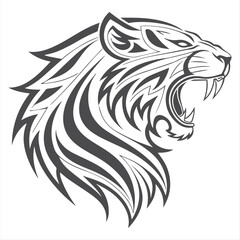 Obraz premium Tribal Tiger Head Vector – Black and White Roaring Tiger Tattoo Design