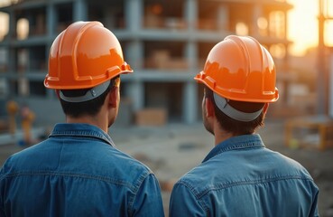 Two tradesmen in orange hard hats observe construction site. Builders wearing protective workwear. Construction workers, engineers oversee building. Focus on safety job, urban progress, industrial