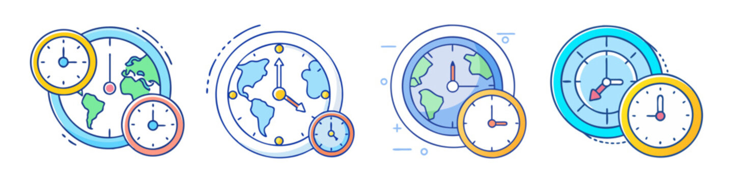 Global time zone icon set, world clock and international business hours symbols, 4 flat line SVG elements for travel and logistics