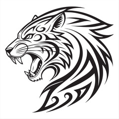Tribal Tiger Head Vector – Black and White Roaring Tiger Tattoo Design