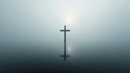 Naklejka premium A cross in a body of water with a blurred background.