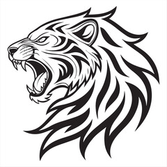 Fototapeta premium Tribal Tiger Head Vector – Black and White Roaring Tiger Tattoo Design