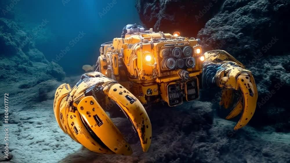 Poster A robotic vehicle resembling a crab navigates the depths of the ocean. It is equipped with advanced exploration tools, conducting research to uncover marine mysteries and study underwater ecosystems.