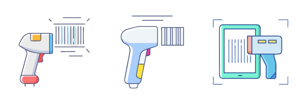 Barcode scanner icon set, handheld laser scanning devices for retail and logistics, digital barcode reader with tablet screen, 3 svg elements