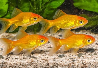 Four Vibrant Goldfish Swimming Gracefully in Freshwater Aquarium