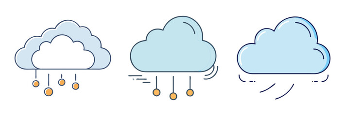 Obraz premium Minimalist weather icon set, blue cloud with hail and wind symbols, line art meteorology graphics for forecast apps and web design